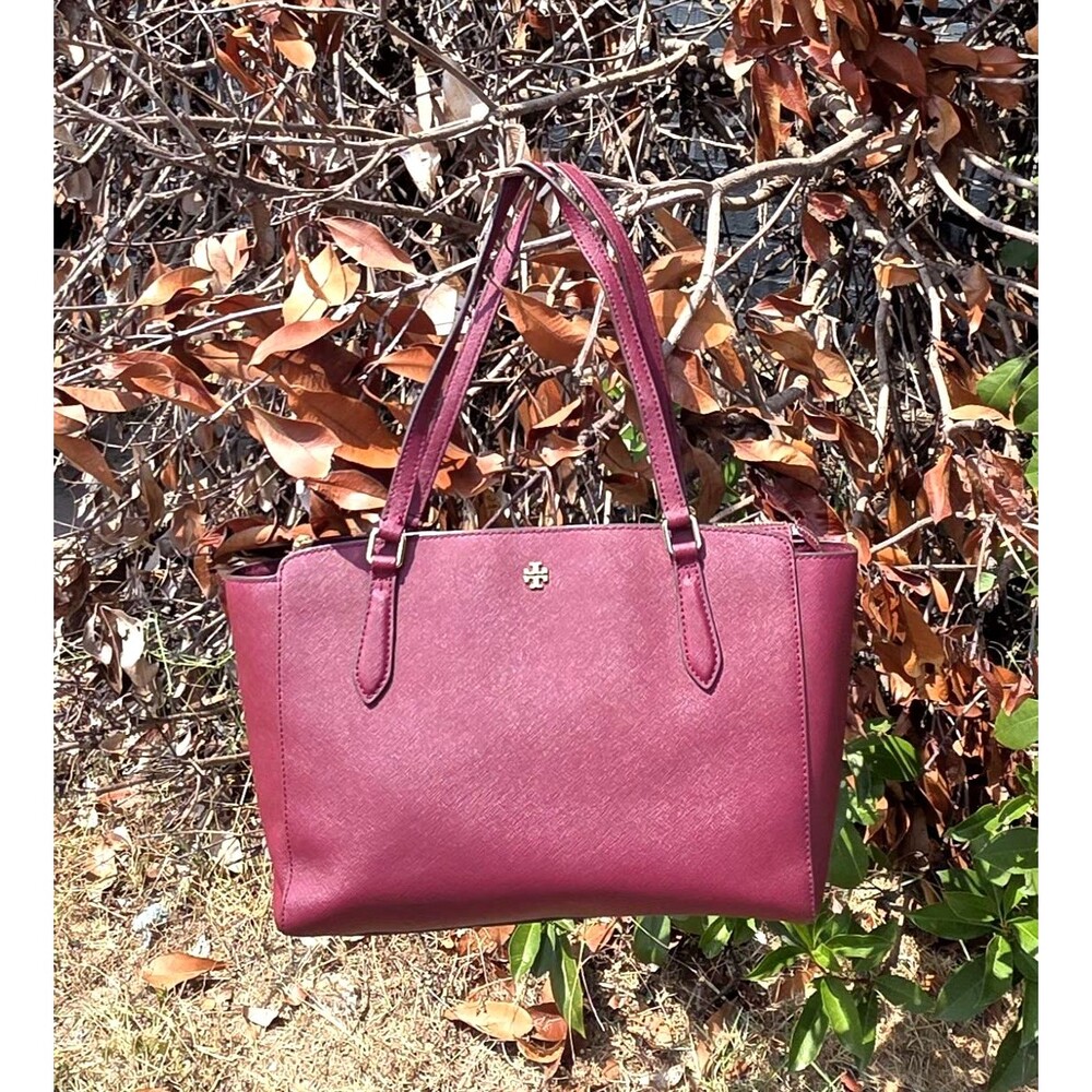 TORY BURCH Maroon Emerson Bag Saffiano Leather Top Zipper Handle Satchel Dk Red - Picture 15 of 15